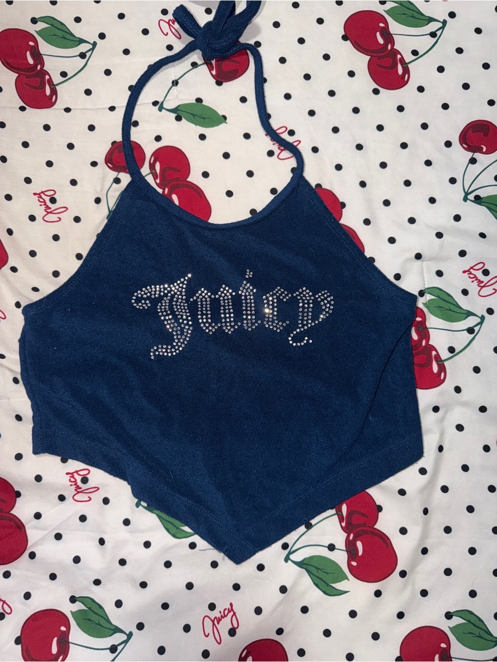 Juicy Couture Navy Blue Rhinestone Halter Crop Top